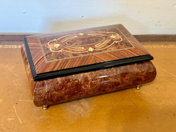 Vintage Italian Sorrento Marquetry Music Box Inlaid Wood Rosewood Jewelry Box