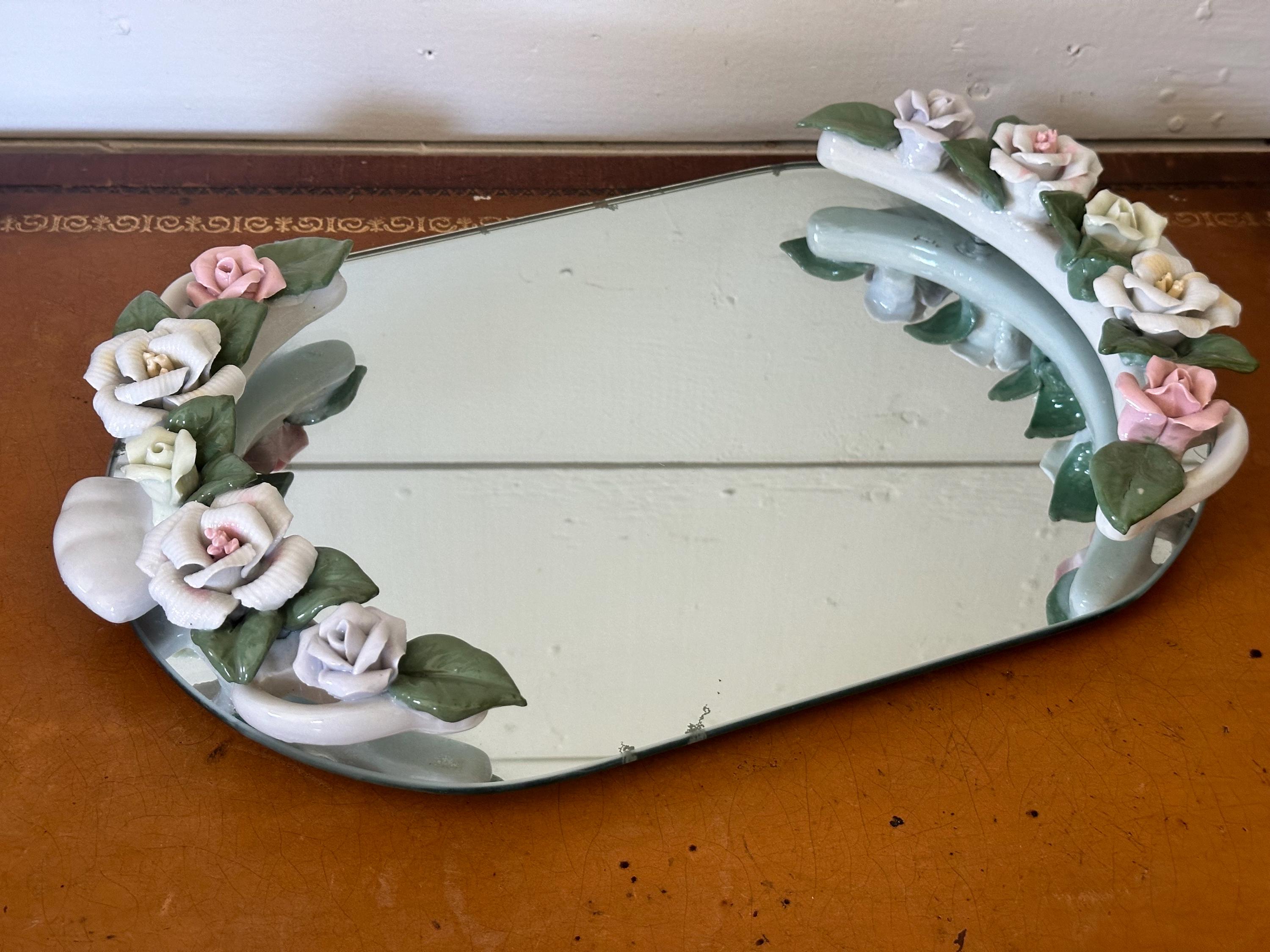 Vintage Capodimonte Porcelain Flowers Mirror Vanity Tray Oval