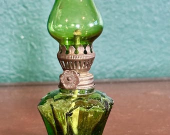 Vintage Green Glass Miniature Oil Lamp Kerosene Diamond Point Made in Hong Kong