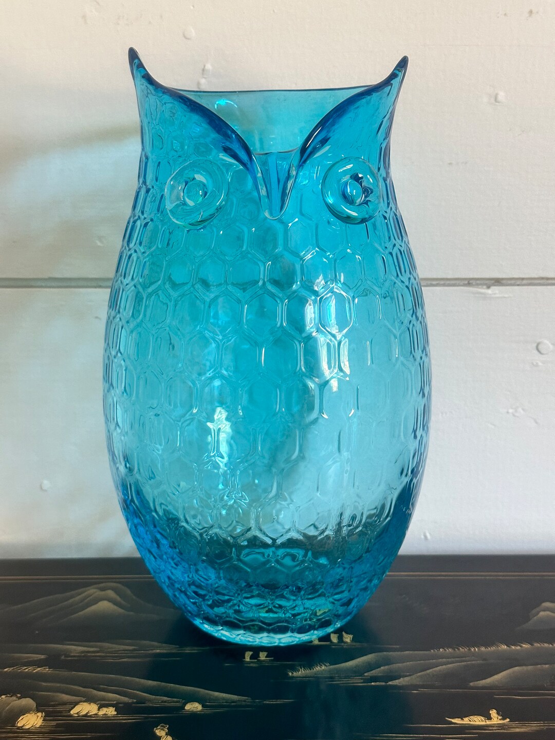 Vintage Blue Murano Glass Owl Pitcher Vase Hand Blown Etsy