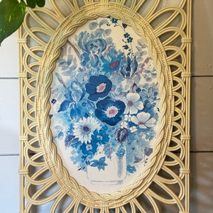 1970s SYROCO USA製 ヴィンテージ壁飾り 鳥と木 Vintage 1970s Syroco Wicker Framed Blue Floral Picture Wall