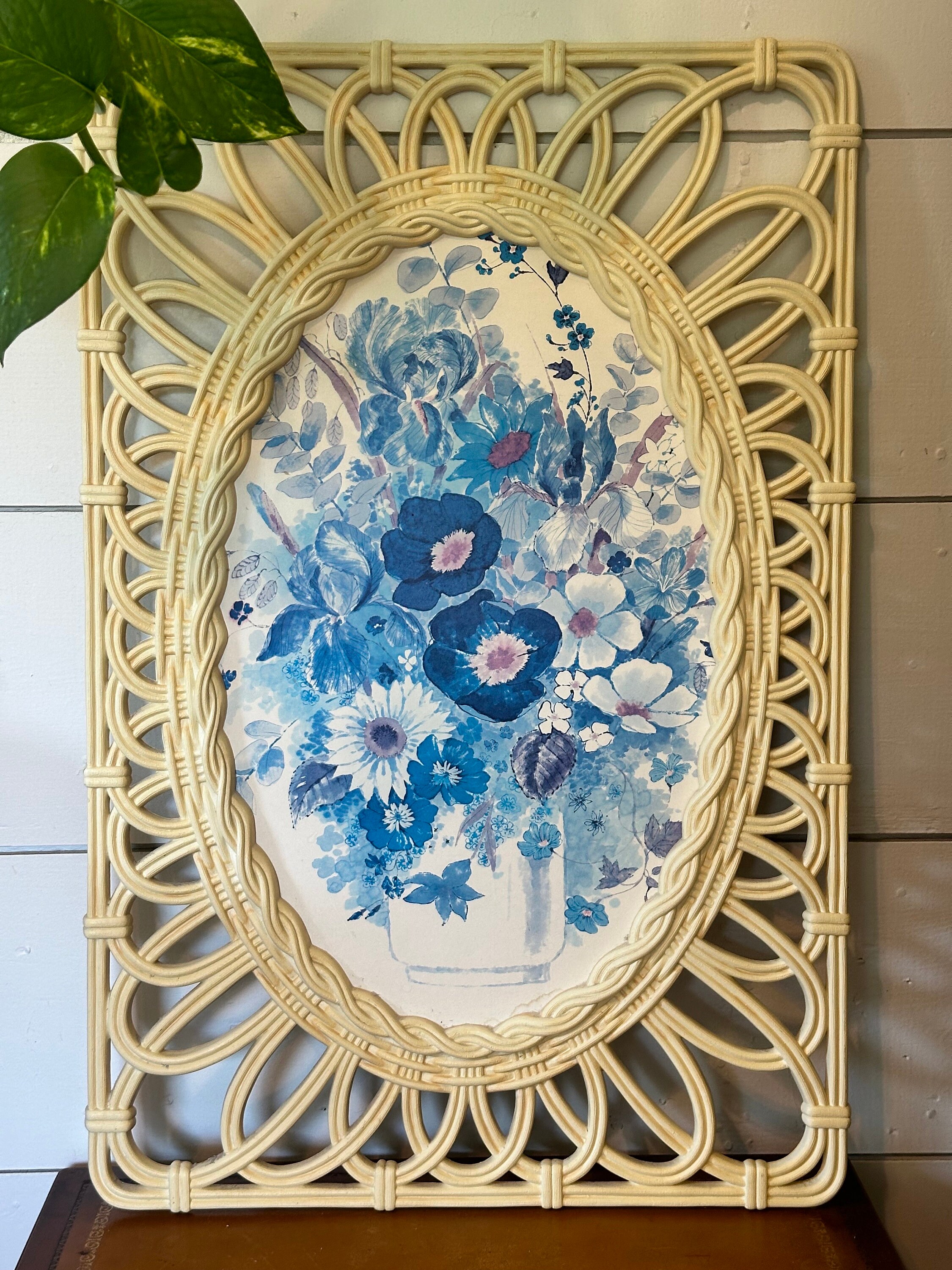 Vintage 1970s Syroco Wicker Framed Blue Floral Picture Wall