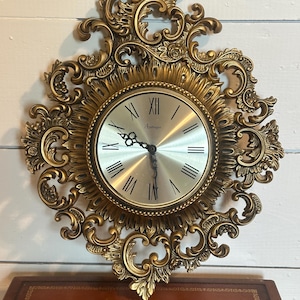 Vintage 1960&#39;s Burwood Arabesque Wall Clock, Bronze-tone Decorative Wall Clock, Ornate Gold Plastic Regency, MCM, Clock Not Working