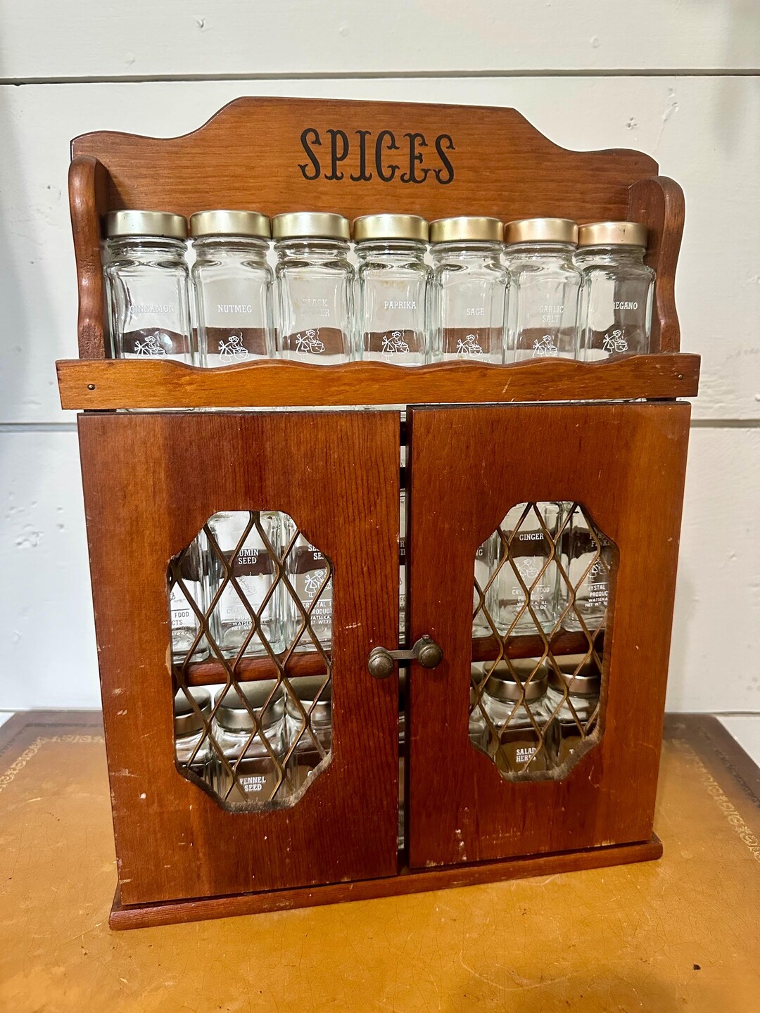 Vintage Wooden Spice Rack Full Set With 21 Glass Labeled Jars Crystal ...