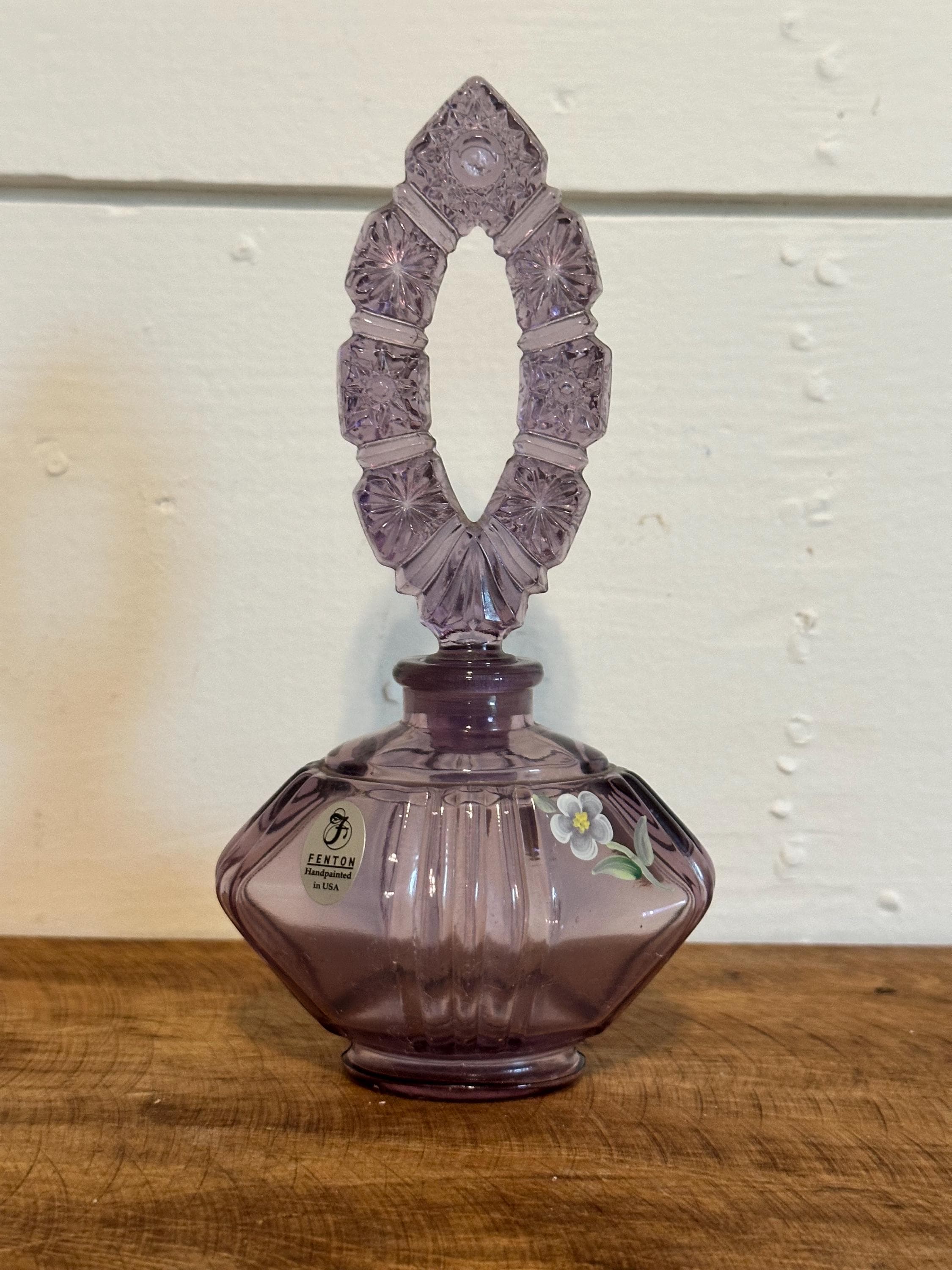 Vintage Fenton Amethyst Purple Glass Hand Painted Flowers Perfume