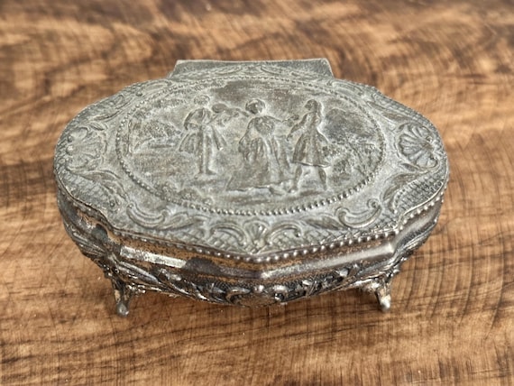 Vintage Silver Plated Footed Jewelry Box Japan Embossed Silver