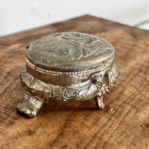 Vintage Silver Plated 1970's Japan Ornate Jewelry Casket, Footed Jewelry Box, Trinket Box with Red Interior Lining