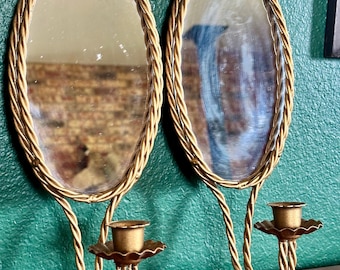 Vintage Pair of Oval Florentine Style Braided Gold Metal Rope Wall Mirror Sconces, French Chic, Grandmillennial