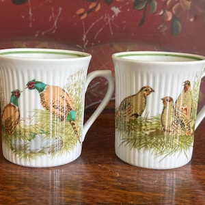 Vintage Pair of Game Bird Mugs German Henneberg JLMenau Porcelain China Tea Cups Pheasant Quail