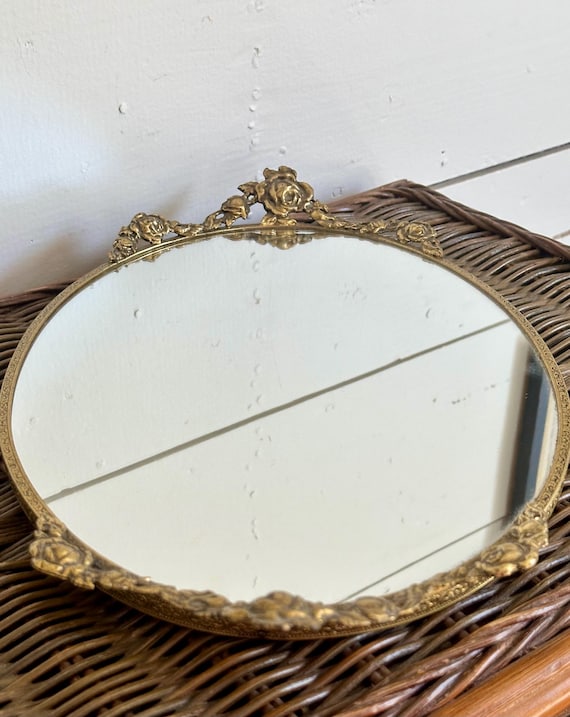 Vintage Capodimonte Porcelain Flowers Mirror Vanity Tray Oval