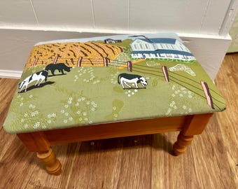 Vintage Wooden Storage Sewing Box Footstool with Fabric Farm Scene Top