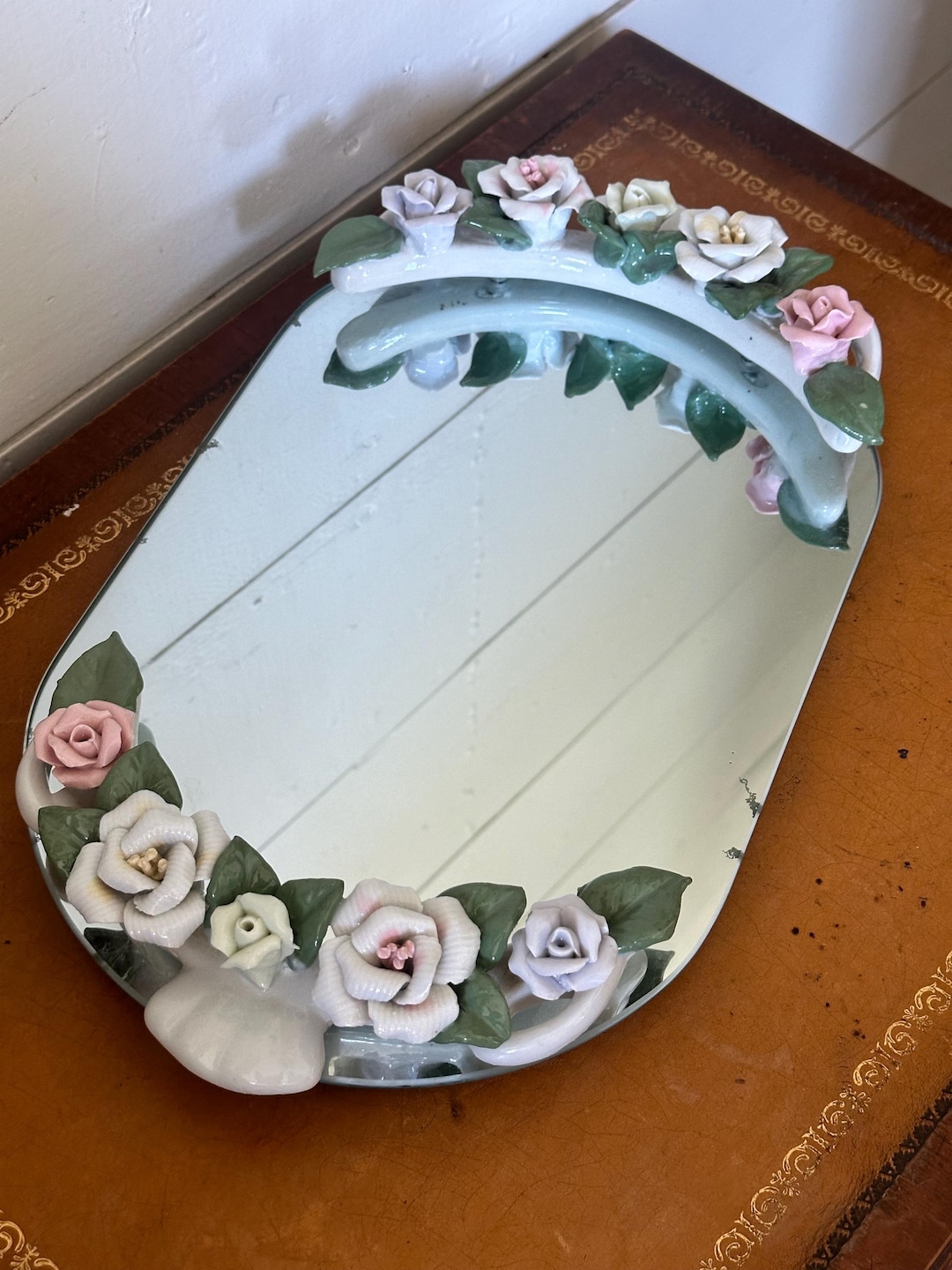 Vintage Capodimonte Porcelain Flowers Mirror Vanity Tray Oval