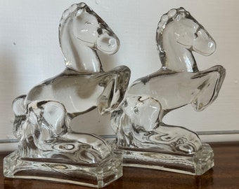 Pair of Vintage LE Smith Glass Rearing Horses MCM Clear Horse 1940s Mid Century Bookends