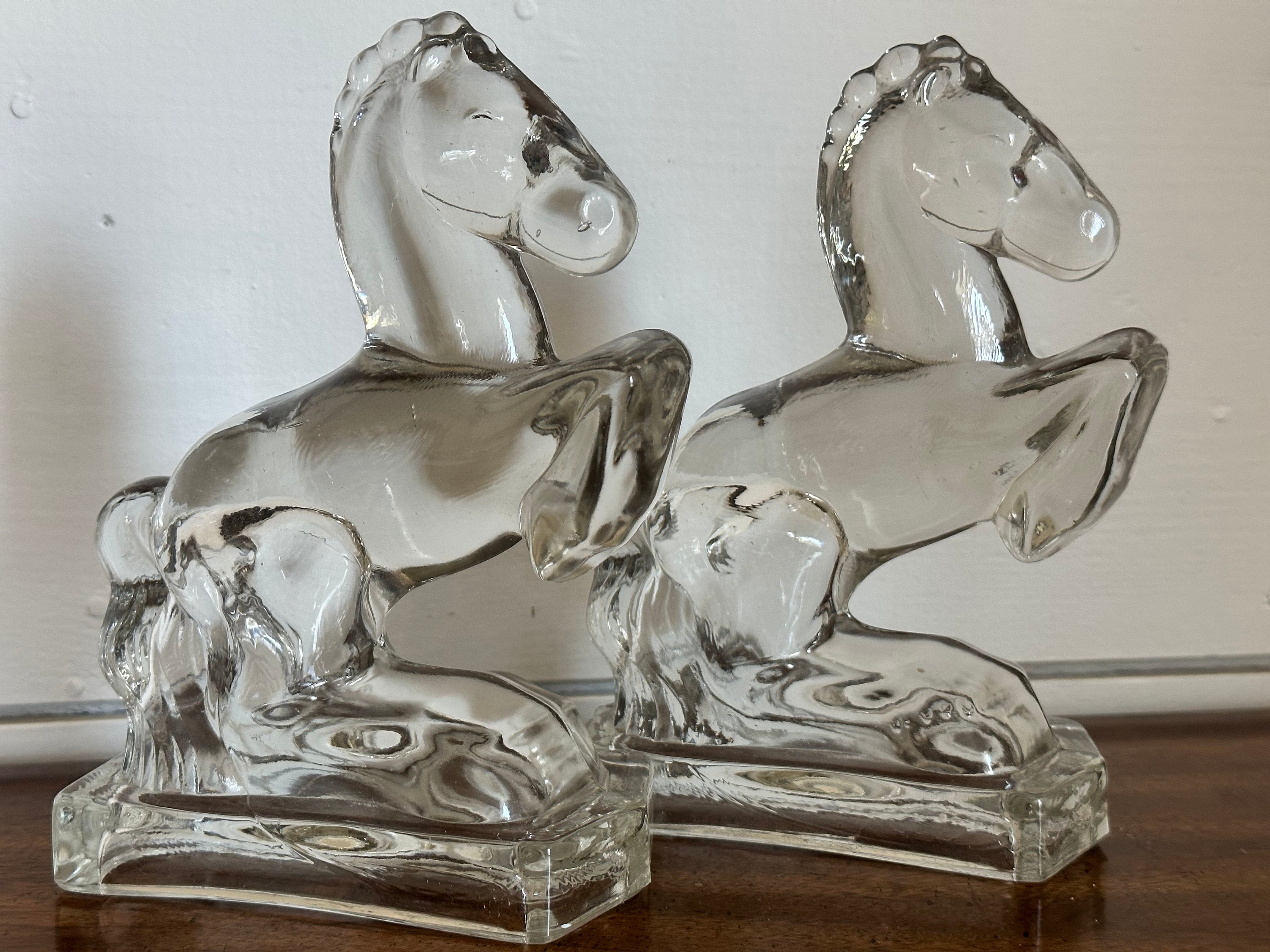 Pair of Vintage LE Smith Glass Rearing Horses MCM Clear