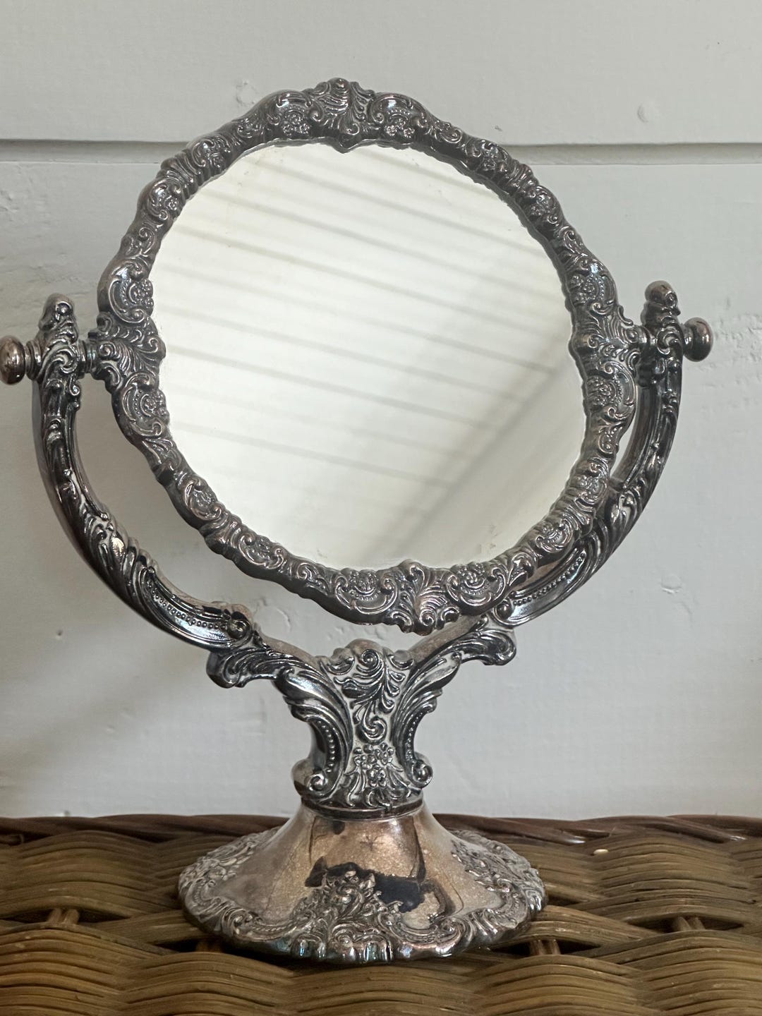 Vintage 1940s Silver Plated Tabletop Vanity Mirror Baroque by Wallace