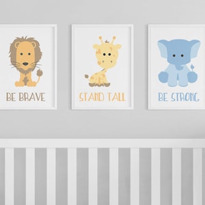 Zoo Safari Be Brave Stand Tall Be Strong Animal Nursery Art Giraffe Lion Elephant Set of 3 Prints image 1