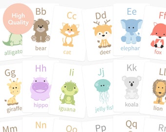 Animal Alphabet Flash Cards, Letter Wall Art, Alphabet Flash Cards, Abc Flash Cards, Animal Cards, A To Z, Nursery Wall Cards, Alphabet Art