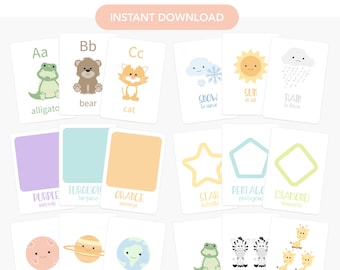 Tarjetas didácticas para el aprendizaje de niños pequeños, currículo preescolar para la educación en casa (descarga digital)