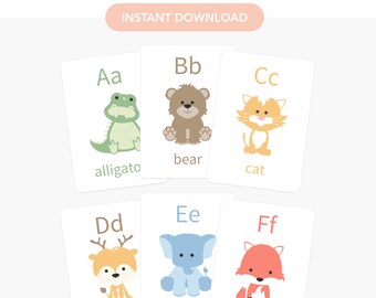 Animal Alphabet Flash Cards, Printable Nursery Decor (Digital Download)
