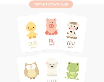 Tarjetas didácticas de animales de granja en español, aprendizaje bilingüe para niños pequeños (descarga digital)