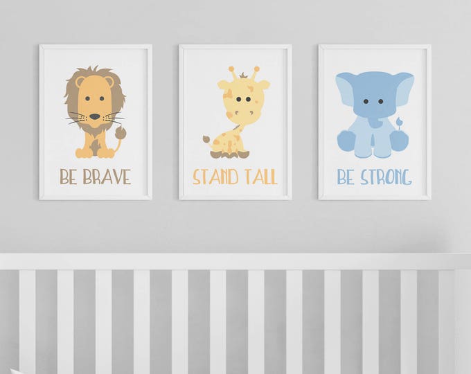 Zoo Safari Be Brave Stand Tall Be Strong Animal Nursery Art | Giraffe Lion Elephant | Set of 3 Prints