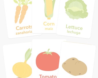 Op de afbeelding: Flashcards met illustraties van groenten met hun Engelse en Spaanse namen. De groenten omvatten wortelen, maïs, sla, tomaat, ui en aardappel.