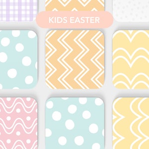May include: A set of nine colorful square tiles with different patterns, including polka dots, zigzags, and waves. The tiles are arranged in a grid and have a white background. The text "KIDS EASTER" is written in white on a pink banner at the top of the image. The text "GOODNIGHT FOX Memory Games by goodnightfox.com" is written in white on a pink banner at the bottom of the image.
