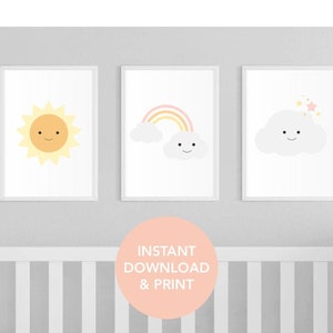 Rainbow Nursery Wall Art, Print Set of 3 for toddler girl or playroom image 1
