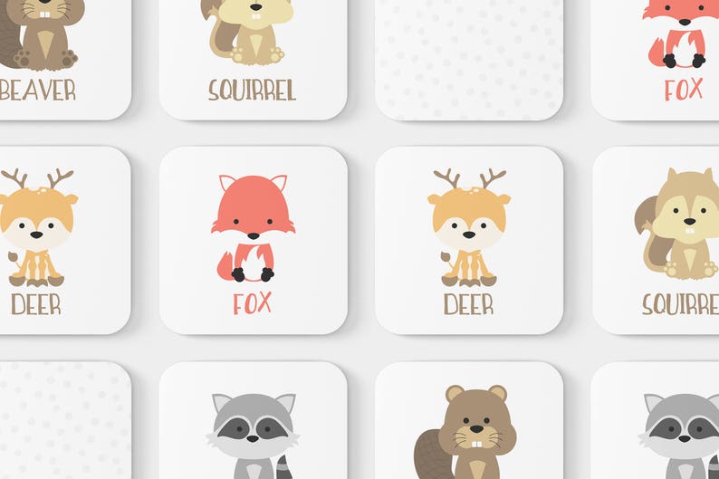 May include: A set of 10 printable cards featuring cute cartoon animals, including a beaver, squirrel, fox, deer, and raccoon. Each card has a different animal and the animal's name written below it.