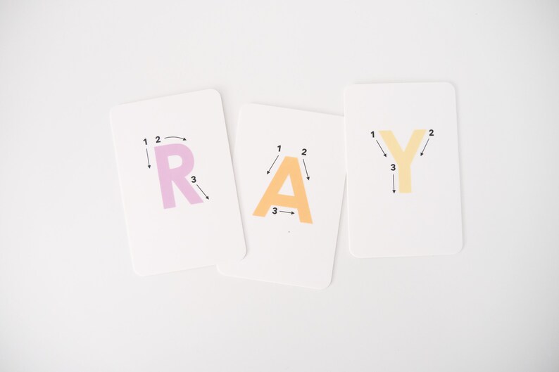 May include: Three white cards with the letters R, A, and Y printed in pink, orange, and yellow. Each letter has numbers 1, 2, and 3 next to it, with arrows indicating the order to trace the letter.