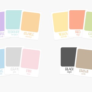 K&ouml;nnte beinhalten: Ein Satz Farbmuster mit den Namen der Farben in Englisch und Spanisch. Die Farben sind Lila, T&uuml;rkis, Orange, Gelb, Rot, Gr&uuml;n, Blau, Grau, Rosa, Schwarz und Braun.