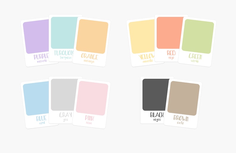 K&ouml;nnte beinhalten: Ein Satz Farbmuster mit den Namen der Farben in Englisch und Spanisch. Die Farben sind Lila, T&uuml;rkis, Orange, Gelb, Rot, Gr&uuml;n, Blau, Grau, Rosa, Schwarz und Braun.