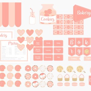 Puede incluir: Ilustraciones rosas con tem&aacute;tica de panader&iacute;a, que incluyen galletas, donuts, cupcakes y un men&uacute;. La imagen presenta una pancarta que dice "Bakery" y un tarro de galletas. Tambi&eacute;n hay billetes de banco con valores de 1, 5 y 10 euros.