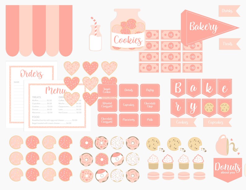 Puede incluir: Ilustraciones rosas con tem&aacute;tica de panader&iacute;a, que incluyen galletas, donuts, cupcakes y un men&uacute;. La imagen presenta una pancarta que dice "Bakery" y un tarro de galletas. Tambi&eacute;n hay billetes de banco con valores de 1, 5 y 10 euros.