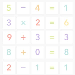 May include: A set of colorful flashcards with simple math problems. Each card has a different color and features a number, a math symbol, and an equals sign. The answers are on the right side of the cards. The cards are labeled "Goodnight Fox Flashcards by goodnightfox.com".