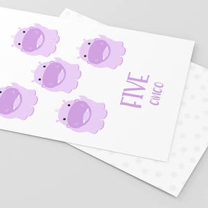 May include: Purple hippopotamus illustrations on a white background with the text "FIVE" and "CINCO" in purple.