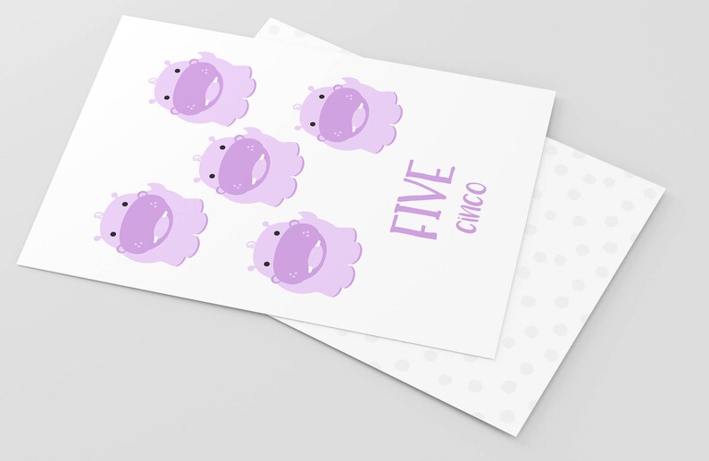 May include: Purple hippopotamus illustrations on a white background with the text "FIVE" and "CINCO" in purple.