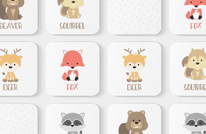 May include: A set of nine illustrated cards featuring different woodland animals, including a beaver, squirrel, fox, deer, and raccoon. Each card has a white background with the animal's name printed below the illustration.