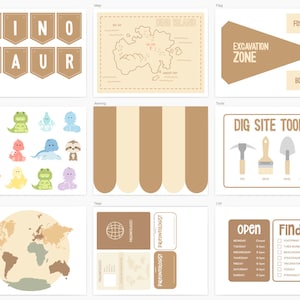 Può includere: Un set di decorazioni per feste a tema dinosauri da stampare. Il set include uno striscione che dice "DINO SAUR", una mappa di Dino Island, una bandiera che dice "ZONA DI SCAVO", un set di adesivi di dinosauri, un mappamondo, un set di etichette, un tendone, un set di strumenti e un elenco di oggetti da trovare.