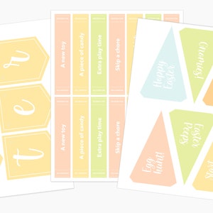 May include: Printable Easter egg hunt game with instructions to start here, find eggs, and end here. The game includes a banner with the word "Easter" and a set of cards with different rewards, such as a new toy, a piece of candy, extra play time, or skipping a chore.