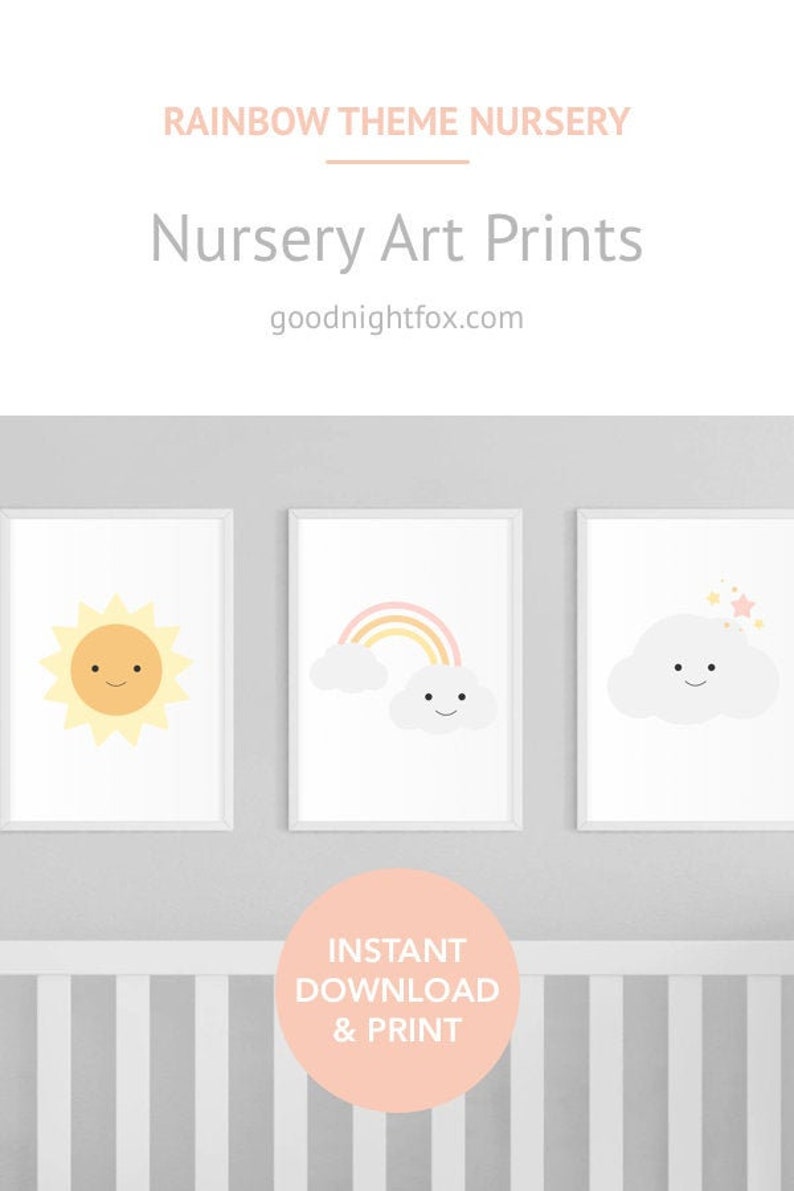 Rainbow Nursery Wall Art, Print Set of 3 for toddler girl or playroom image 1