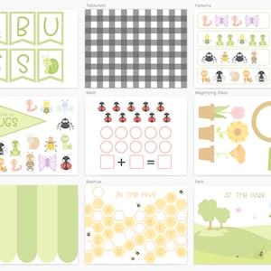 May include: A printable set of educational activities for kids featuring a bug theme. The set includes a banner, tablecloth, patterns, bugs, math, magnifying glass, awning, beehive, and park activities.