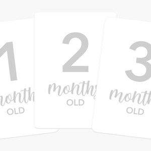 May include: Three white cards with gray numbers and text. The cards show "1 month old", "2 months old", and "3 months old".