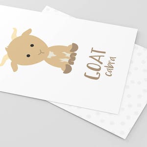 May include: A brown and white cartoon goat with the word "GOAT" and the word "cabra" written below it in brown text.