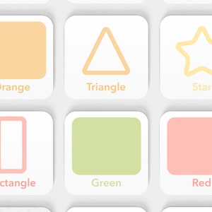May include: A set of colorful memory game cards featuring shapes and colors. The cards include blue, yellow, orange, green, red, a triangle, a star, a rectangle, and a circle. The cards are designed for children and are perfect for learning colors and shapes.