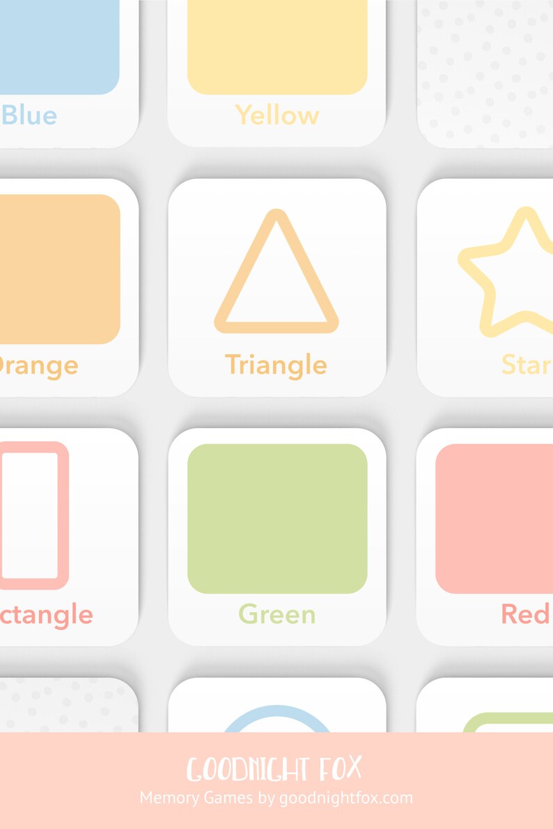 May include: A set of colorful memory game cards featuring shapes and colors. The cards include blue, yellow, orange, green, red, a triangle, a star, a rectangle, and a circle. The cards are designed for children and are perfect for learning colors and shapes.