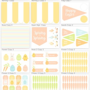 May include: Printable Easter party decorations in yellow, green, and pink. The set includes banners, signs, and other decorations with bunny, chick, and egg designs. The text on the signs includes "Hoppy Easter", "Spring has Sprung", and "Egg Hunt".