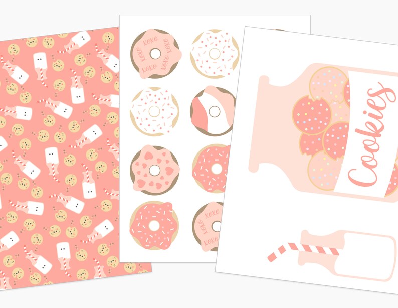Puede incluir: Dise&ntilde;os ilustrados con galletas, donuts y botellas de leche. Los donuts son rosas y blancos con chispas y la palabra "xoxo". Las botellas de leche tienen pajitas a rayas rojas y blancas. La palabra "Cookies" est&aacute; escrita en un tarro.