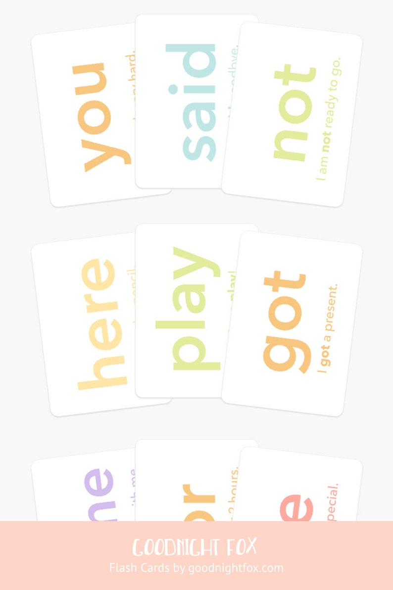 May include: White flashcards with colorful words like "you", "said", and "not". The cards are arranged in a scattered pattern. The bottom of the image has the text "GOODNIGHT FOX" and "Flash Cards by goodnightfox.com".