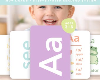 Paquete de tarjetas didácticas para aprender a leer: Alfabeto, fonética, palabras CVC y palabras visuales. Kit de lectura para preescolar y jardín de infantes.